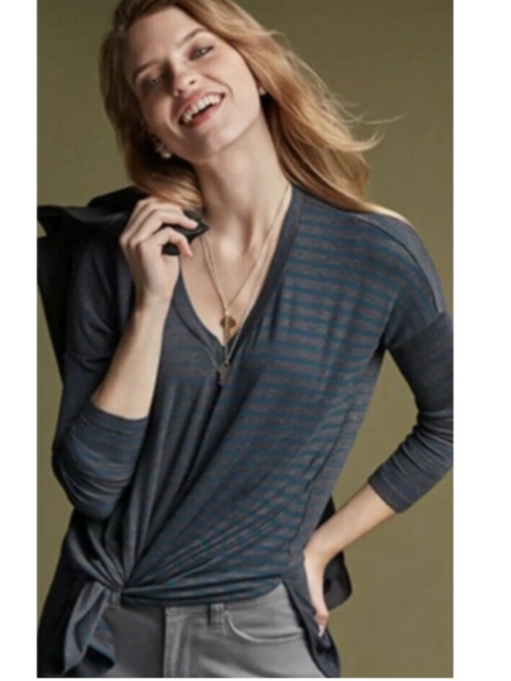 CAbi #3687 Hybrid Stripe Azure V-Neck Long Sleeve Tee-Small